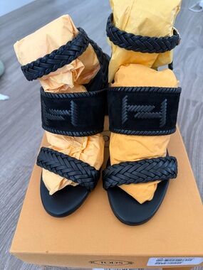 Tod's Black Braided Leather Strappy Block Heel Sandals